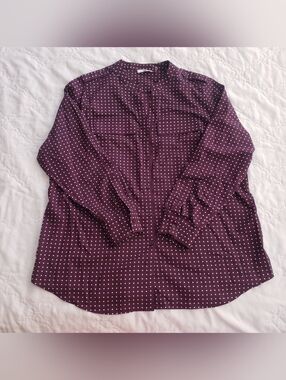 CK Maroon Polka Dot Foulard Top 1X Long Sleeve Collarless Double Chest Pockets